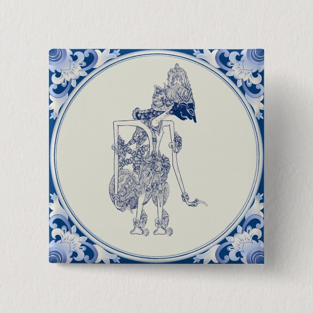 Dutch-Indonesian Shadow Puppet Delft Blauw. 15 Cm Square Badge (Front)