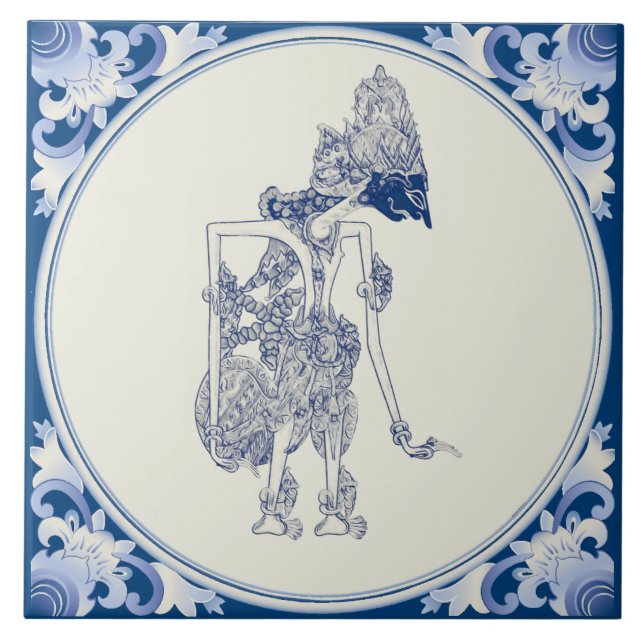 Dutch-Indonesian Shadow Puppet Delft Blauw. Tile (Front)