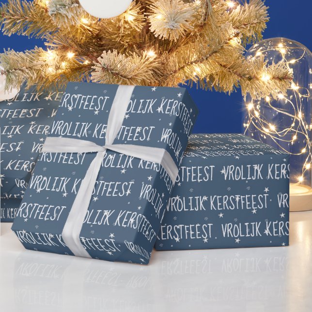 Dutch Merry Christmas with Stars  Wrapping Paper (Holidays)