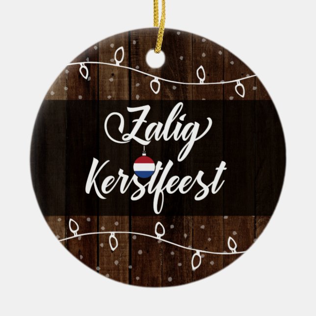 Dutch Merry Christmas, Zalig Kerstfeest Rustic Ceramic Tree Decoration (Front)