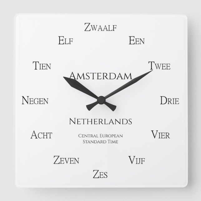 Dutch Numbers Personalised City Country Time Zone Square Wall Clock (Front)