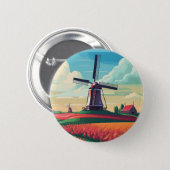 Dutch Orange Tulip Field Windmill Netherlands  6 Cm Round Badge (Front & Back)