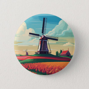 Dutch Orange Tulip Field Windmill Netherlands  6 Cm Round Badge