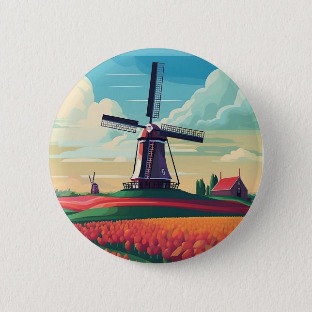Dutch Orange Tulip Field Windmill Netherlands  6 Cm Round Badge (Front)