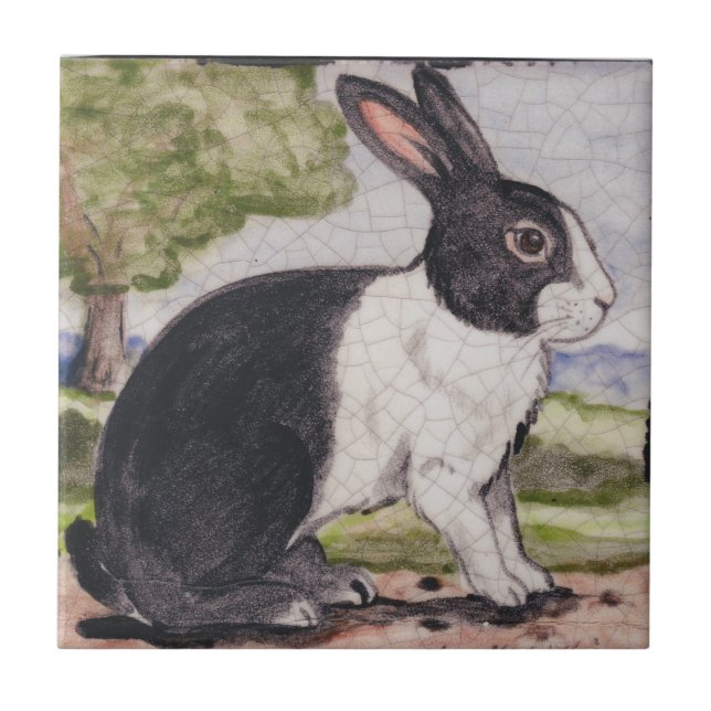 Dutch Rabbit Bunny Black & White Landscape Easter Tile (Front)