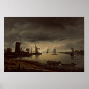 Dutch River Scene with Windmill by van Borssom Poster