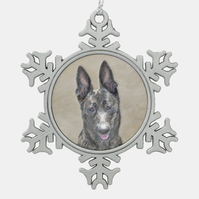 Dutch Shepherd Painting - Cute Original Dog Art Snowflake Pewter Christmas Ornament (Front)