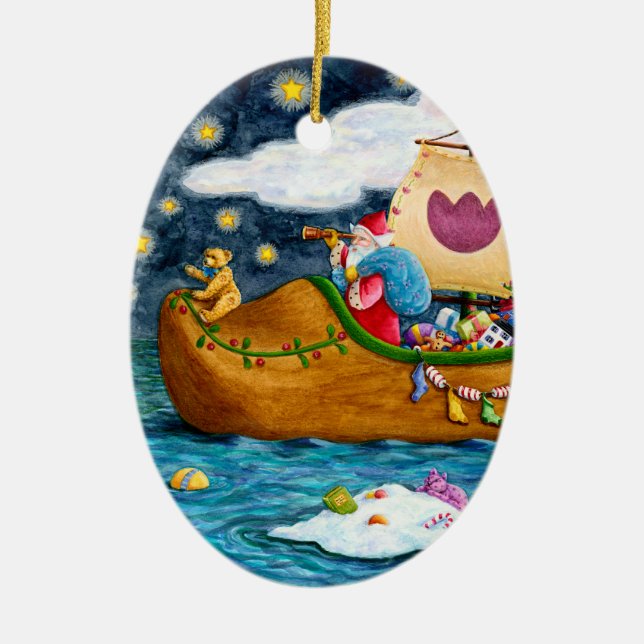 DUTCH SHOE SANTA SHIP, ICEBERGS, WHALE, TEDDY BEAR CERAMIC TREE DECORATION (Front)