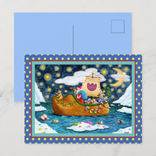 DUTCH SHOE SANTA SHIP, ICEBERGS, WHALE, TEDDY BEAR HOLIDAY POSTCARD