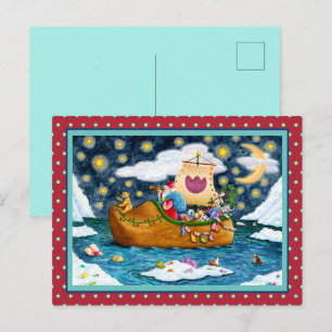 DUTCH SHOE SANTA SHIP, ICEBERGS, WHALE, TEDDY BEAR HOLIDAY POSTCARD