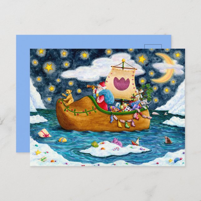 DUTCH SHOE SANTA SHIP, ICEBERGS, WHALE, TEDDY BEAR HOLIDAY POSTCARD (Front/Back)