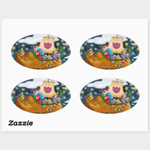 DUTCH SHOE SANTA SHIP, ICEBERGS, WHALE, TEDDY BEAR OVAL STICKER