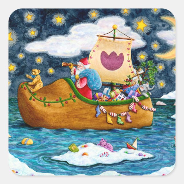 DUTCH SHOE SANTA SHIP, ICEBERGS, WHALE, TEDDY BEAR SQUARE STICKER (Front)