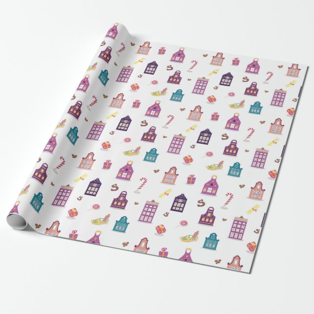Dutch St. Nicholas Day Sinterklaas Holiday, Houses Wrapping Paper (Unrolled)