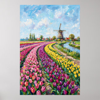 Dutch Tulip Field Oil Painting Poster
