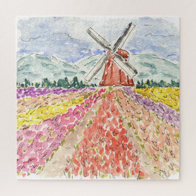 Dutch Tulip Fields Netherlands Watercolor Jigsaw Puzzle (Vertical)