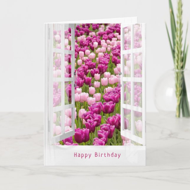 Dutch tulip garden in window for Birthday Card (Front)