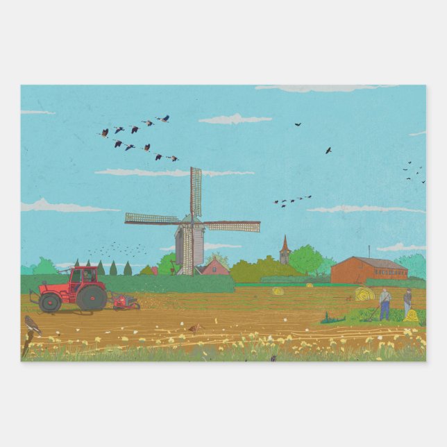 Dutch Windmill Countryside Landscape Netherland Wrapping Paper Sheet (Front)