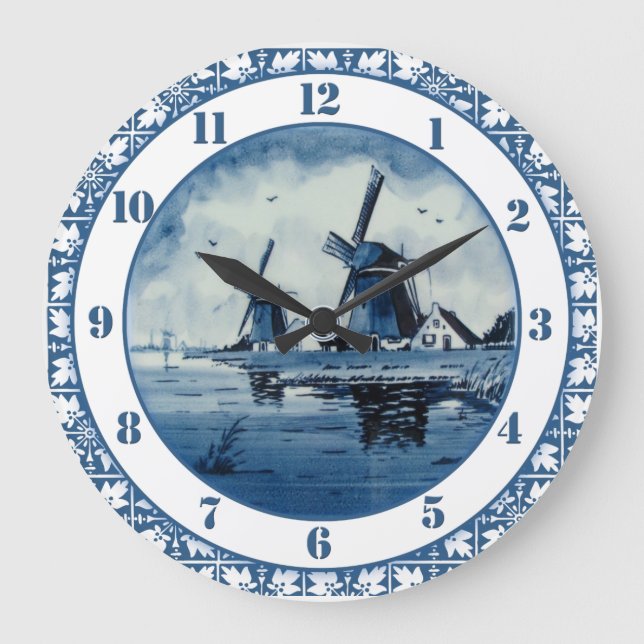 Dutch Windmill Delft Colours Blue and White Large Clock (Front)