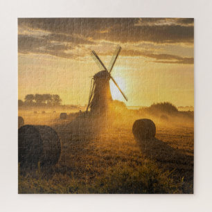 Dutch Windmill in a Morning Hay Field Jigsaw Puzzle