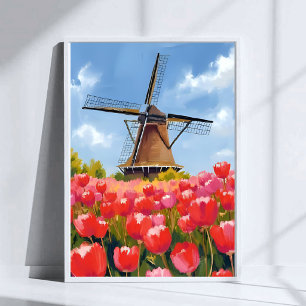 Dutch Windmill Tulip Field Landscape Watercolor Poster