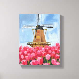 Dutch Windmill Tulip Flower Field Watercolor Canvas Print