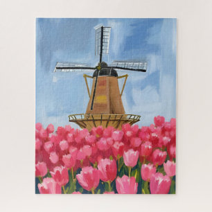 Dutch Windmill   Tulip Flower Field Watercolor Jigsaw Puzzle