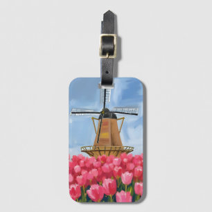 Dutch Windmill Tulip Flower Field Watercolor Luggage Tag