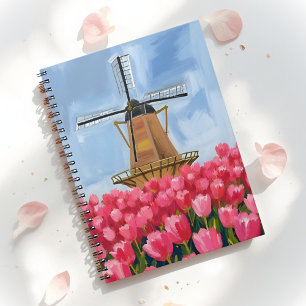 Dutch Windmill   Tulip Flower Field Watercolor Notebook