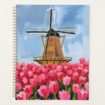 Dutch Windmill | Tulip Flower Field Watercolor