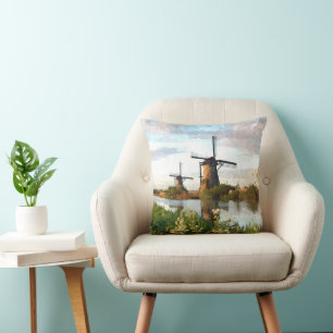 Dutch Windmills at River Watercolor Art Painting Cushion