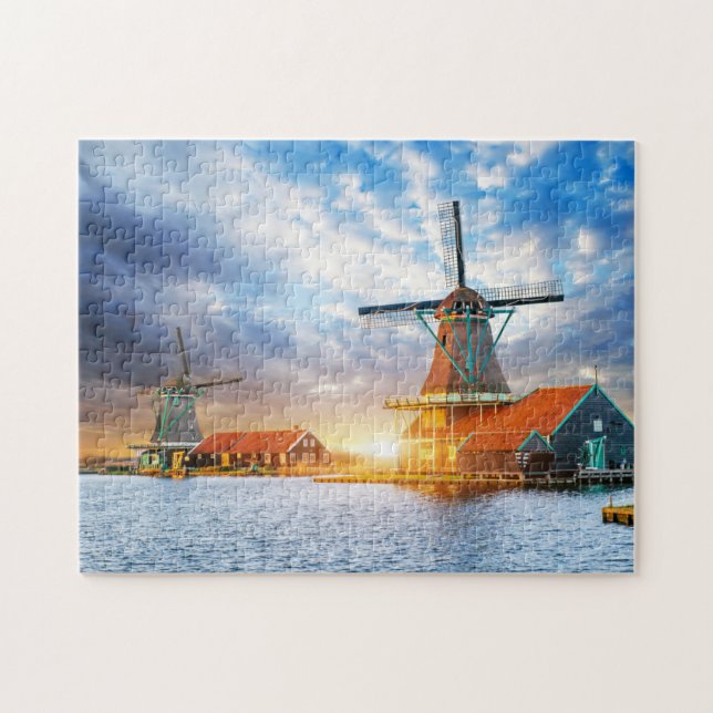 Dutch Windmills Cloudy Sunset Rotterdam Holland Jigsaw Puzzle (Horizontal)