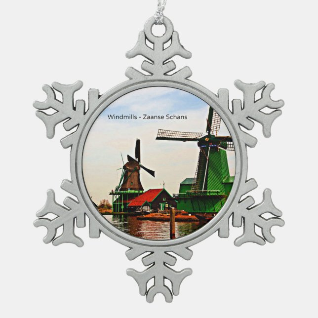 Dutch Windmills, Zaanse Schans, Holland,  Snowflake Pewter Christmas Ornament (Front)