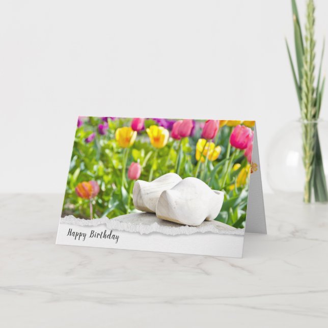 Dutch wooden shoes in tulip garden card (Front)