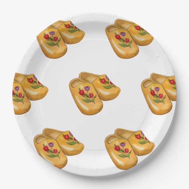 Dutch Wooden Shoes with Tulips, Klompen, Holland Paper Plate (Front)