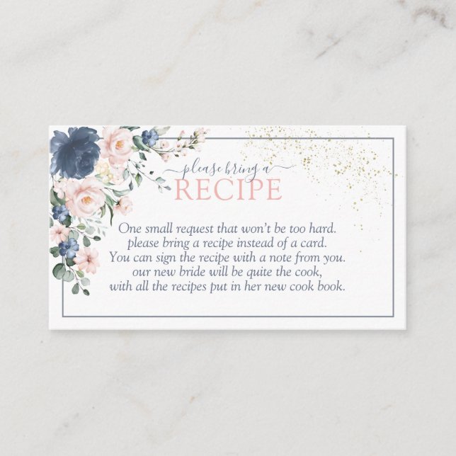 Duty Blue Blush Pink Floral Please Bring A Recipe Enclosure Card (Front)