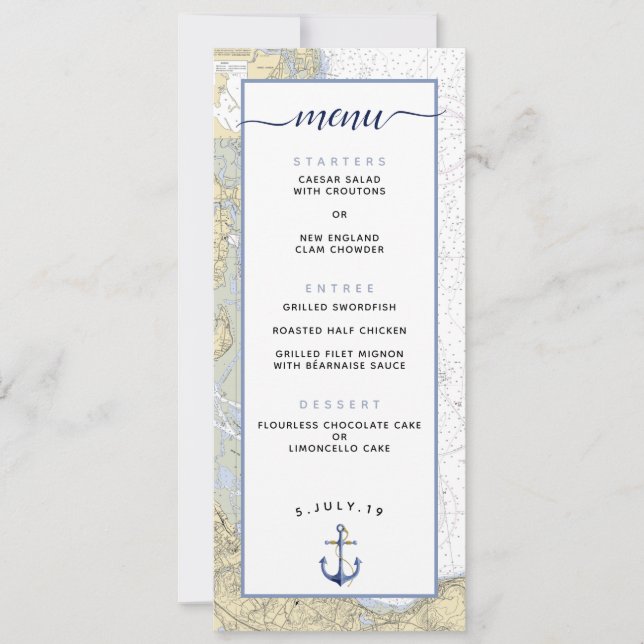 Duxbury Harbour MA Nautical Chart Wedding Menu Invitation (Front)