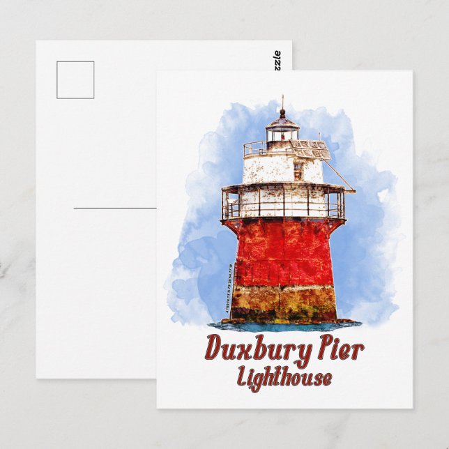 Duxbury Pier Lighthouse Watercolor - Massachusetts Postcard (Front/Back)