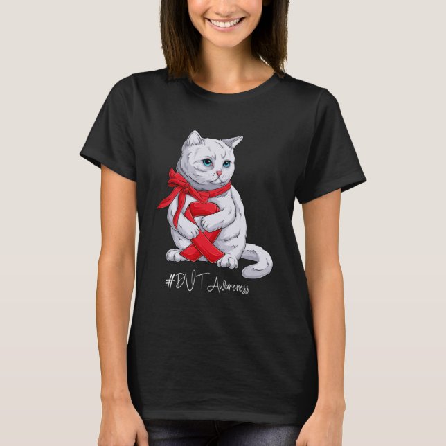 DVT Awareness Month Red Ribbon Cat T-Shirt (Front)