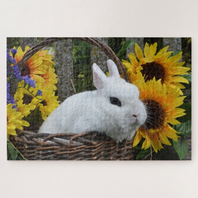 Dwarf Hotot Bunny Rabbit with Sunflowers Jigsaw Puzzle (Horizontal)