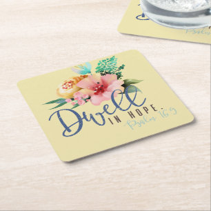 Dwell in Hope Verse Floral Square Paper Coaster