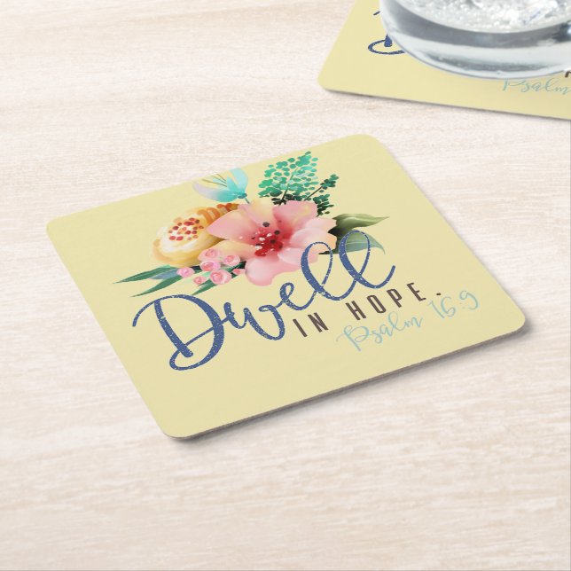 Dwell in Hope Verse Floral Square Paper Coaster (Angled)