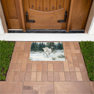 Dyfra Icelandic Unicorn Frolicking in Snowy Forest Doormat