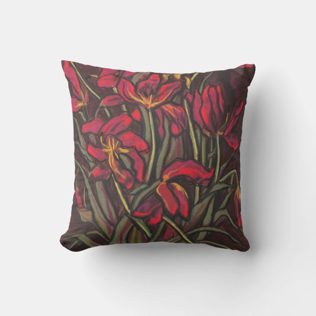Dying Tulips Red Flowers Statement Floral Painting Cushion (Front)