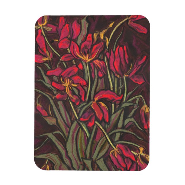 Dying Tulips Red Flowers Statement Floral Painting Magnet (Vertical)