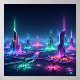 Dynamic Alien City with Light Beams Poster