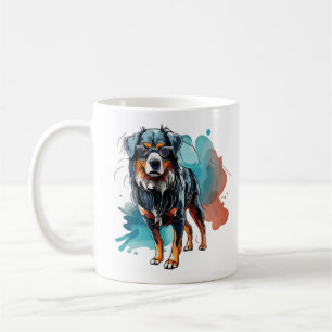 Dynamic Bernese Dog Ink Drawing Watercolor Splash Coffee Mug