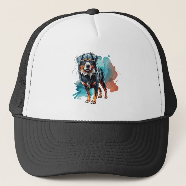 Dynamic Bernese Dog Ink Drawing Watercolor Splash Trucker Hat (Front)