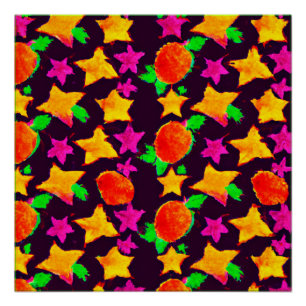 Dynamic Colorful Fruits and Stars Pattern Art Poster
