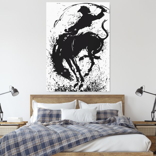 Dynamic Cowboy Rodeo Silhouette Art Canvas Print (Insitu(Bedroom))